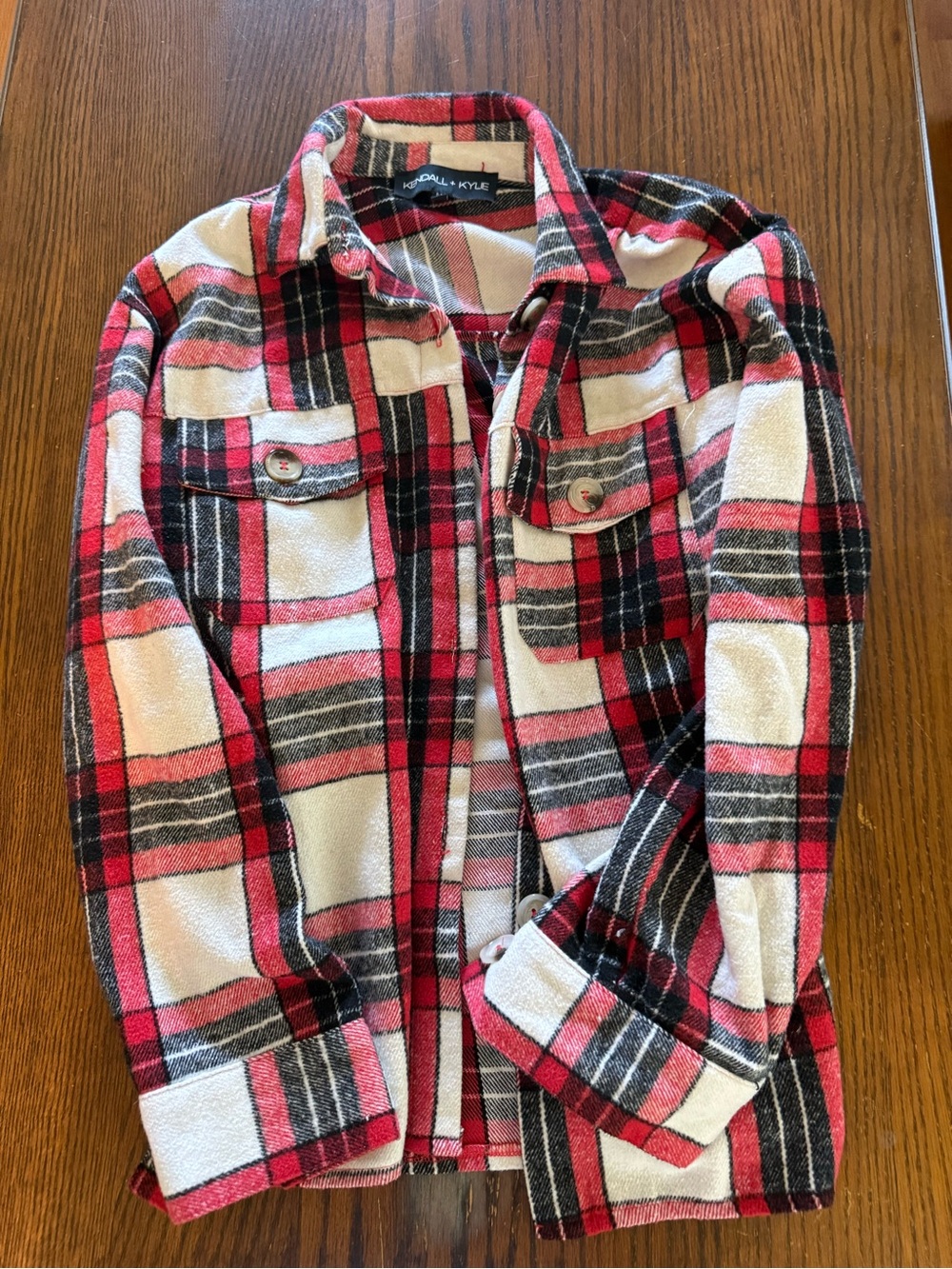 Kendall & Kylie Red Black Cream Plaid Button-Down Shirt Jacket